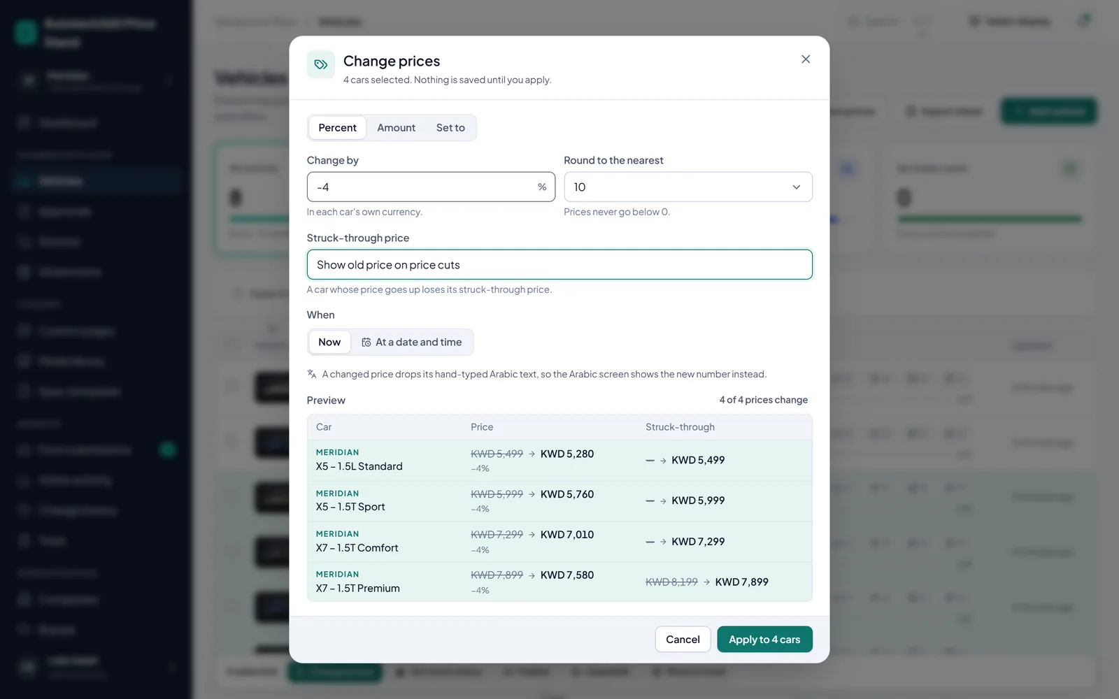 Change prices dialog cutting four cars by 4 percent, rounded to 10, with each car's old and new price and struck-through price