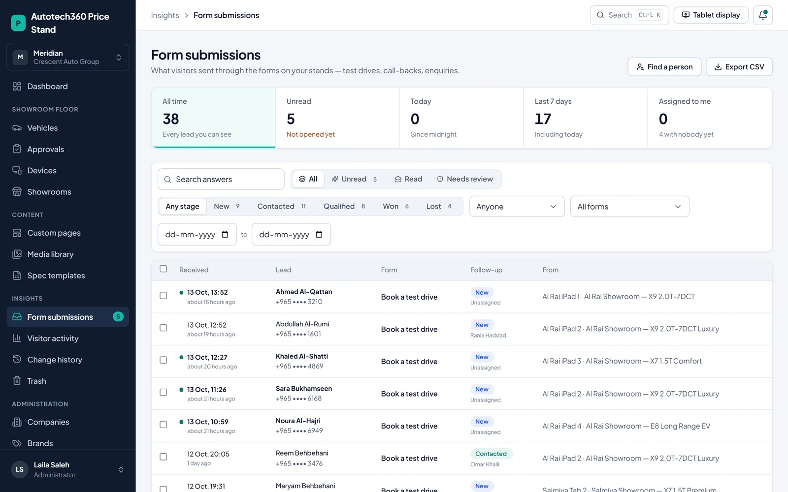 Leads inbox of test-drive requests from the stands with stage, owner, the stand and car each came from, and filters by stage and person
