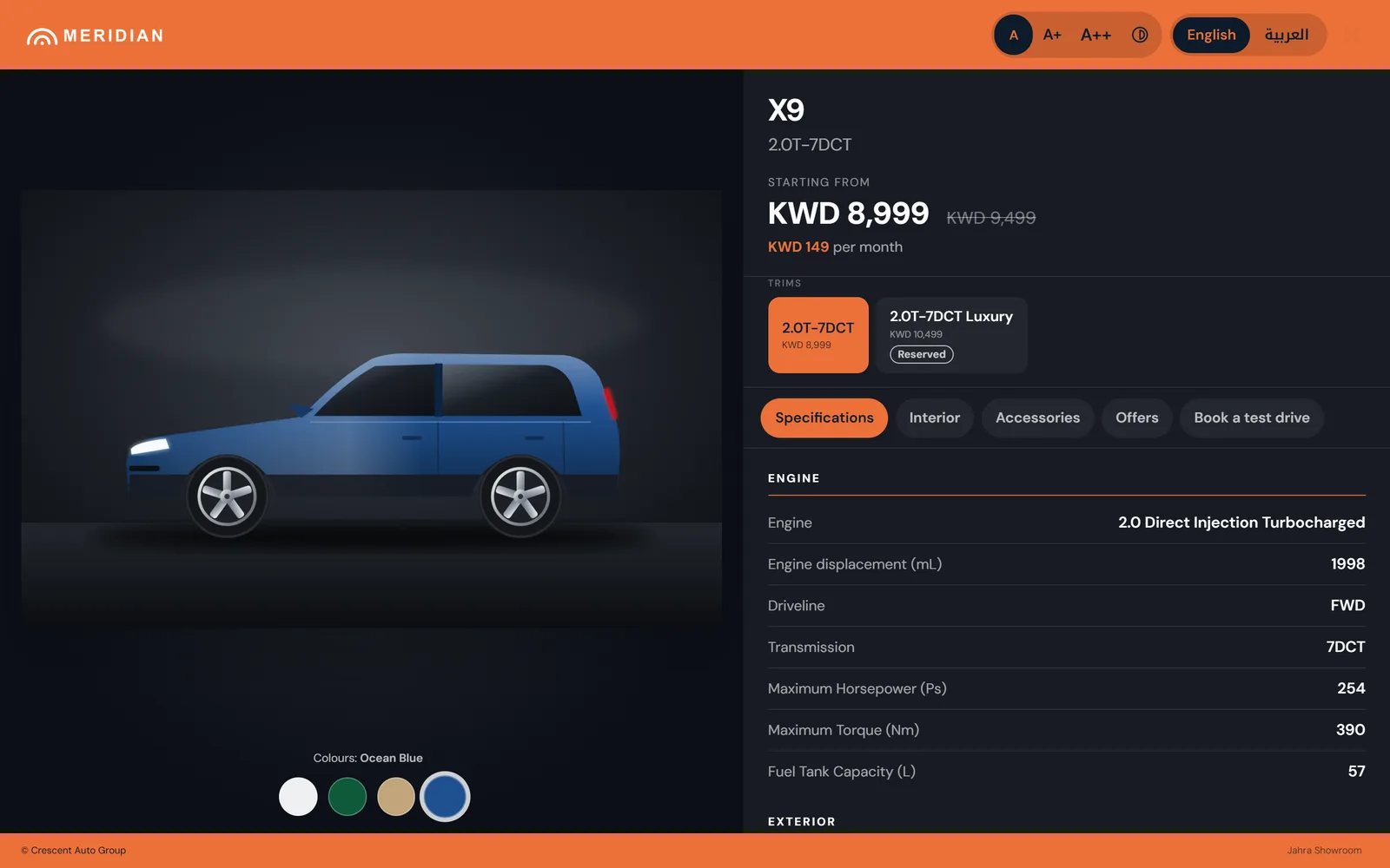 Showroom tablet stand for an SUV with its photo in Ocean Blue, colour swatches, the price with a struck-through former price, a monthly figure, two trims and the specification sheet