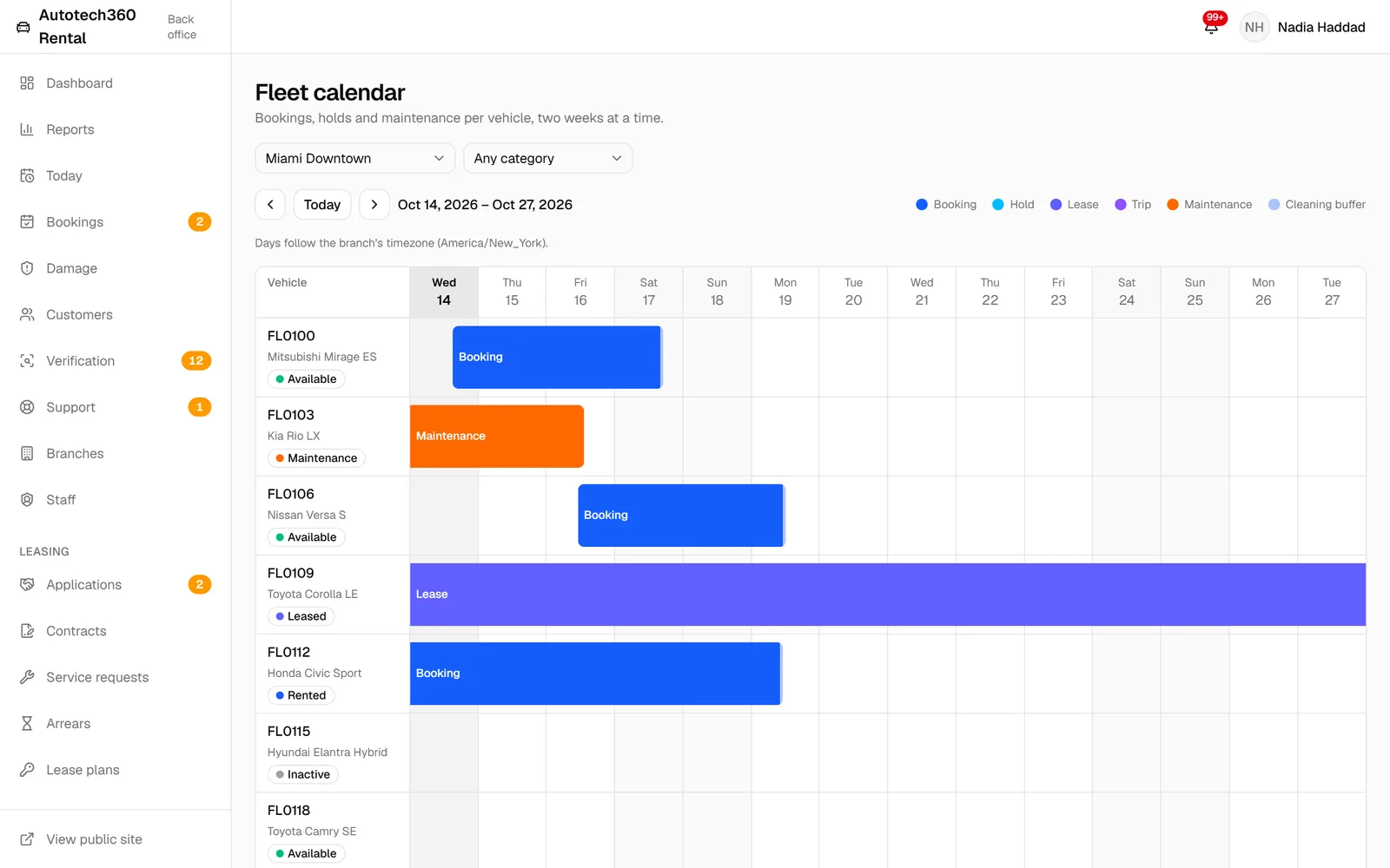 Fleet calendar for a branch showing bookings, maintenance and a lease per car over two weeks