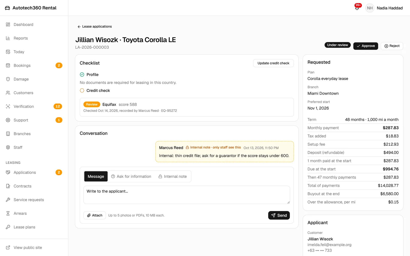 Lease application under review with a credit check, an internal note, the requested term and monthly price, and approve and reject buttons