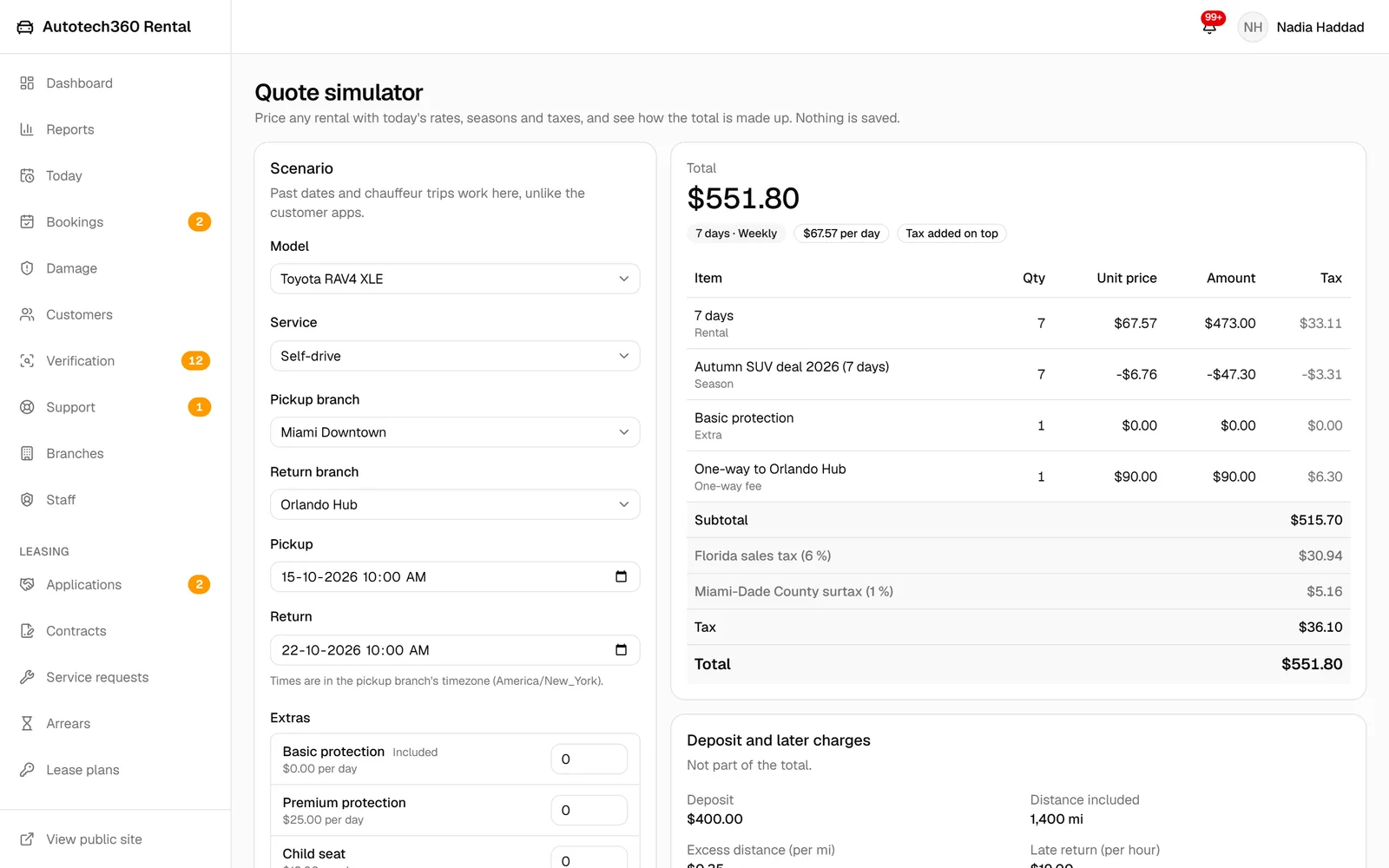 Quote simulator pricing a one-week one-way SUV rental with a seasonal discount, one-way fee and state and county taxes