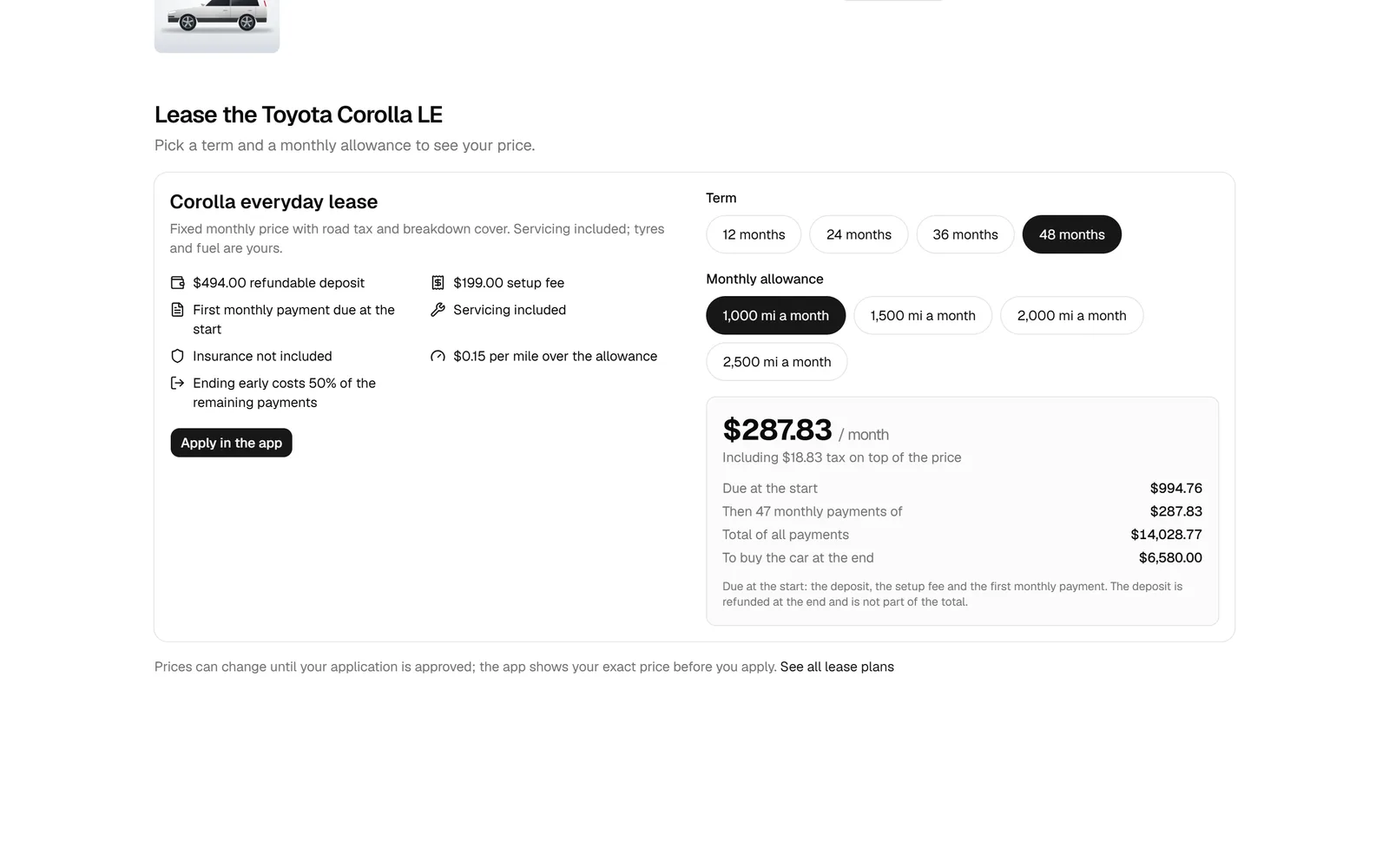 Public website lease calculator for a compact car with term and mileage choices, the monthly price, due at start, total and buyout